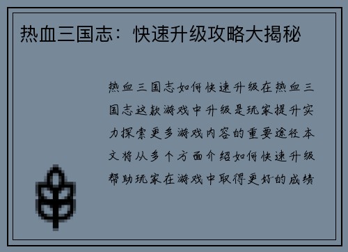 热血三国志：快速升级攻略大揭秘
